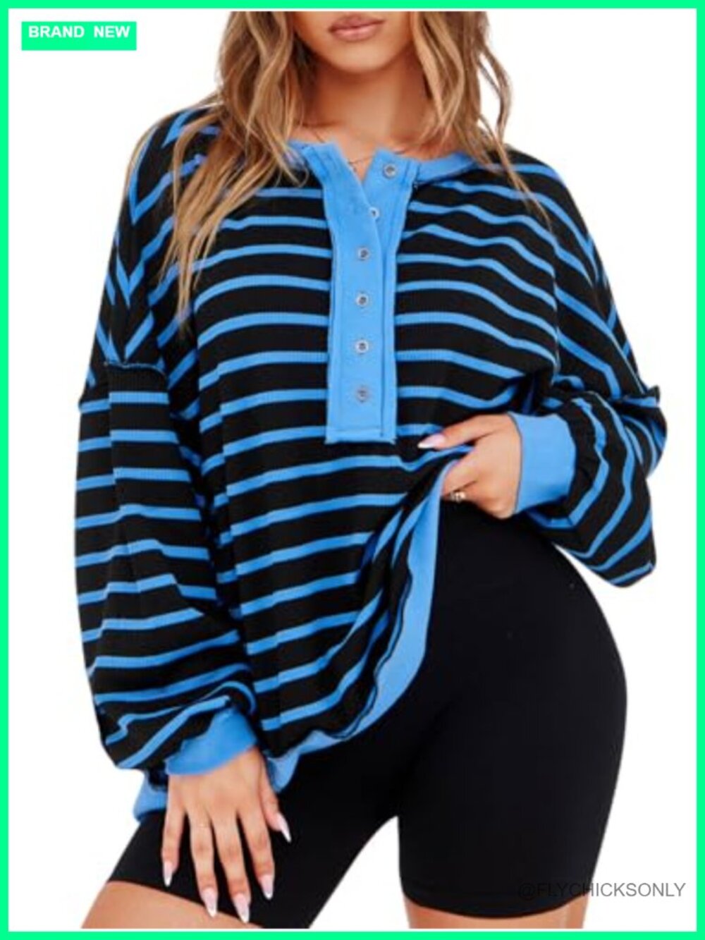 Oversized Waffle Knit Henley Sweatshirt Striped Pullover Top